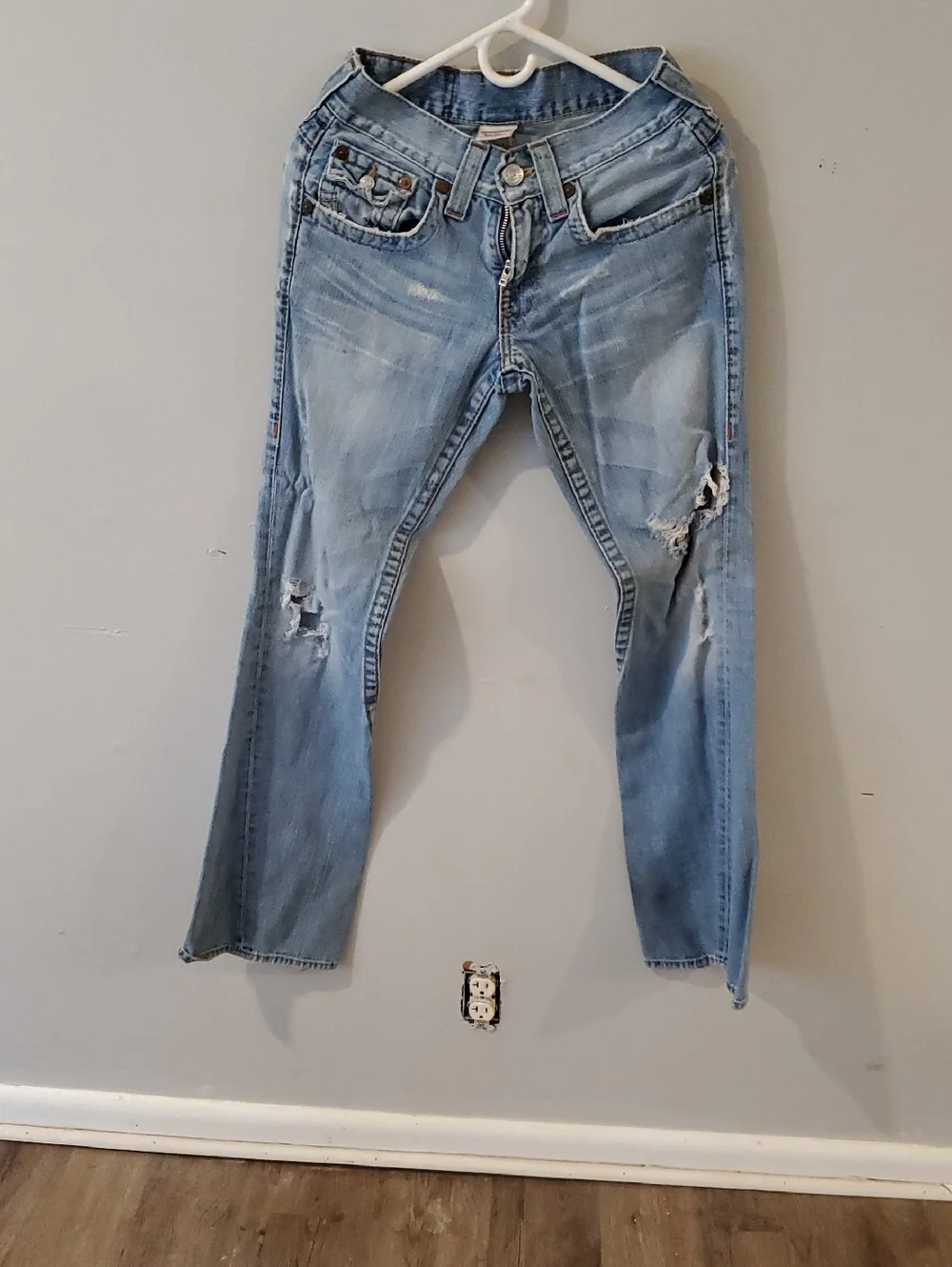 True Religion Light Blue Distressed Straight Leg Jeans